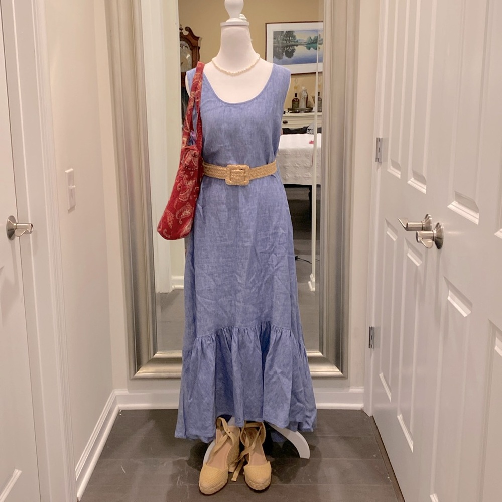 Ralph Lauren Linen Ruffled Maxi Dres. Polo Vintage Blue Label size XXL high low